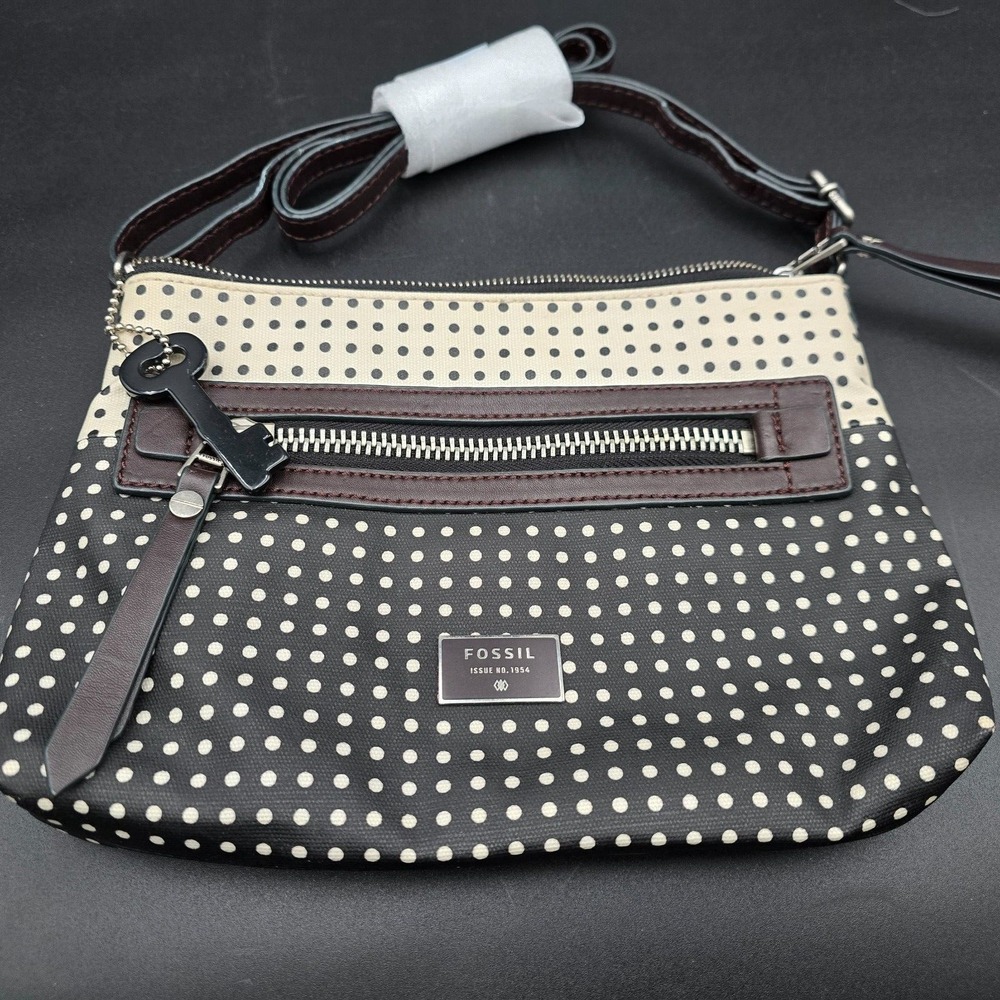 FOSSIL Dawson Black Beige Polka Dot Crossbody Purse Shoulder Bag